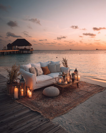 A cozy outdoor lounge setup with a white sofa is placed on a beach at sunset. The scene features candles, lanterns, and a rug on a wooden deck, with the ocean in the background. The lighting suggests a warm ambiance, suitable for relaxation or hospitality concepts and various commercial projects.の素材