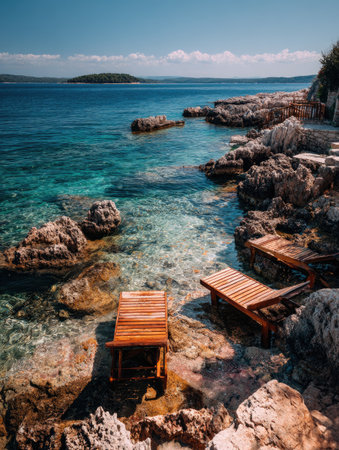 A picturesque coastal scene showcases wooden chairs placed on a rocky shoreline. The composition features bright turquoise water and a clear blue sky. Natural sunlight highlights the textures of the rocks and wood, suggesting a serene outdoor environment. This image could be used in a variety of commercial and editorial projects.の素材