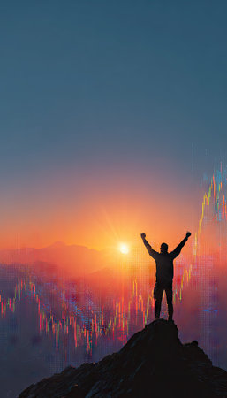 A person stands silhouetted atop a rocky peak with arms outstretched, set against a vibrant sunset. The warm colors of the sky blend with orange and red hues. The image showcases a composition with dynamic lighting and is suitable for commercial and editorial applications.の素材