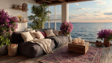An inviting outdoor lounge features a comfortable sofa, throw pillows, and a cozy rug. The scene includes vibrant purple flowers, candles, and a wooden coffee table. The composition has natural sunlight, with the open view of the ocean. Suitable for editorial and commercial uses.の素材