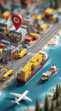 An illustrative image shows a cargo ship, trucks, airplane, and map marker. The visual includes a railway and coastal environment. The composition uses vibrant colors and a three-dimensional style. It could be used to represent trade, logistics, or supply chain concepts for commercial or editorial purposes.の素材