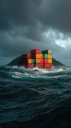 The image features stacked shipping containers on a small island, surrounded by turbulent ocean waves under a dramatic, overcast sky. The composition displays a mix of colors, with a focus on the weathered textures of the containers, implying a maritime environment. This scene has commercial application possibilities in various industries.の素材