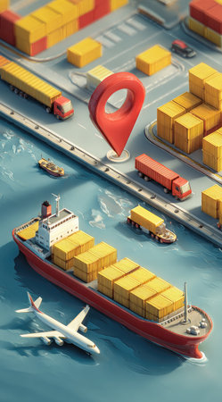 An illustrated depiction of a cargo ship, trucks, and an airplane, with a prominent location pin overlay. The scene showcases stacked containers, the color palette is dominated by yellows, reds and blues, and the perspective is from an overhead angle suggesting a map layout. Suitable for commercial projects related to transportation and distribution.の素材