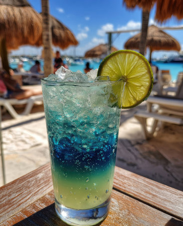 A tall glass displays a layered cocktail with vibrant blue and green hues, topped with ice and a lime slice. The close-up shot highlights the drink's texture, set against a blurred beach scene with umbrellas and sunlight. This image is suitable for advertising beverages and illustrating leisure activities.の素材