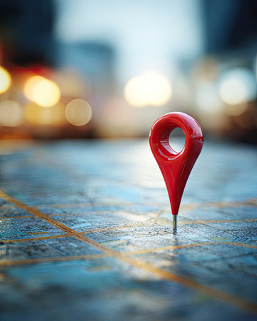 A vibrant red map marker stands prominently on a detailed map. The image showcases a shallow depth of field with city lights creating bokeh. The texture of the map is visible and the overall composition offers potential uses in travel, navigation, and informational graphics for various commercial applications.の素材