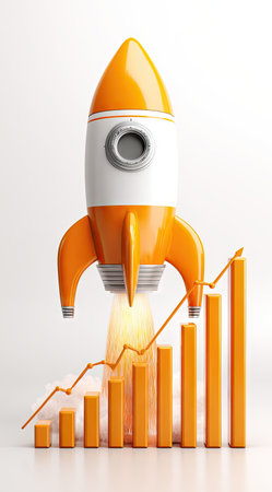 A vibrant illustration depicts a rocket ship ascending above a bar graph with an upward trending line. The image features a bright orange and white color scheme, with warm lighting highlighting the rocket's exhaust. This visual could be used in presentations and marketing materials related to business or financial concepts.の素材