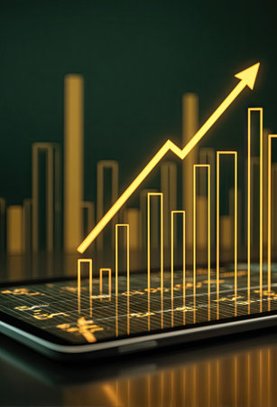 A smartphone displays a golden upward-trending graph, composed of bar charts and an arrow. The visual showcases financial performance. The sleek composition features a dark background. This image is suitable for illustrating economic concepts, investment strategies, and commercial presentations related to finance.の素材