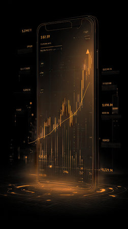 A smartphone illustration dominates the scene, showcasing a rising financial chart in warm, golden hues. The digital display glows against a deep black backdrop, with subtle lines suggesting a cityscape. Ideal for illustrating concepts of business, technology, or financial investments, it offers versatility for various commercial projects.の素材