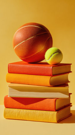 A vibrant composition features a stack of books supporting a basketball and tennis ball against a warm yellow backdrop. The image showcases books in various shades of orange, with the sports equipment adding visual interest. This combination could be suitable for educational materials or conceptual designs.の素材