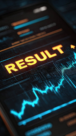 A smartphone screen displays graphical data visualization with the word RESULT illuminated. The design employs a dark color scheme with blue and orange accents, and the image is digitally rendered. Its sharp focus and clarity suggest the image is appropriate for illustrating technology, finance or business reports.の素材
