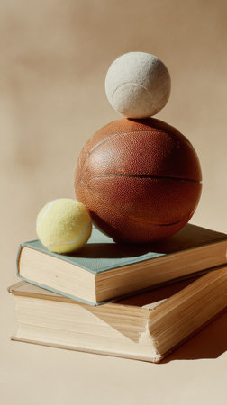 The image displays an arrangement of a basketball, a tennis ball and a baseball balanced on top of books. A simple composition of everyday objects is set against a plain beige background with focused sunlight. It could be used for educational materials or visual concepts.の素材