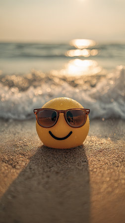 A yellow emoji figure with sunglasses rests on a sandy beach, sunlight reflecting off the ocean. The image displays a relaxed, happy character in a scenic environment with soft textures. This photograph could be used in visual content for promoting vacation or summer themes.の素材