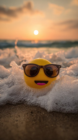 An emoji with sunglasses is seen in the ocean waves, with a beautiful sunset in the background. The image shows a close-up view, emphasizing the bright yellow color of the emoji against the foamy water. This photograph could be used in various commercial or editorial contexts.の素材