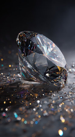 A large, cut diamond rests on a surface covered in shimmering glitter. The gemstone displays facets reflecting light. The background is dark, which enhances the brilliance of the jewel. Suitable for various design projects, including luxury advertising or editorial content. The image is well-lit, with focus on details.の素材
