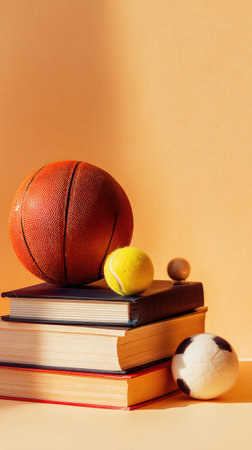 A basketball, tennis ball, soccer ball, and a small ball rest on a stack of books. The arrangement is set against a solid orange backdrop. The composition is simple, with warm lighting creating shadows. It could be used for educational materials or promotional content.の素材