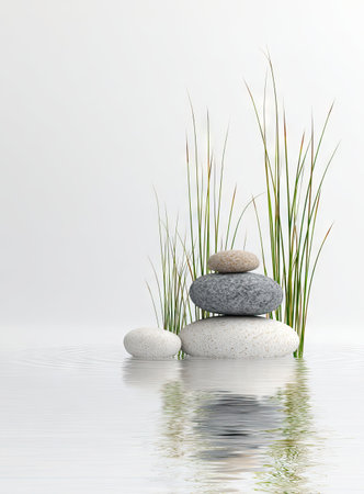 A serene composition features a stack of smooth stones alongside delicate green grass, reflected in still water. The minimalist style uses neutral tones of gray and white, creating a calm atmosphere. The lighting is soft, highlighting the textures. This image could be suitable for wellness, spa, or decorative purposes.の素材