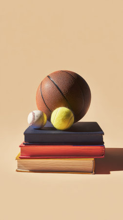 A stack of books features a basketball, tennis ball, and baseball in a studio setting. The composition displays warm color tones with overhead lighting. The arrangement provides a simple and clean visual, suitable for various commercial and editorial applications. The image could be used for education, sports or knowledge.の素材