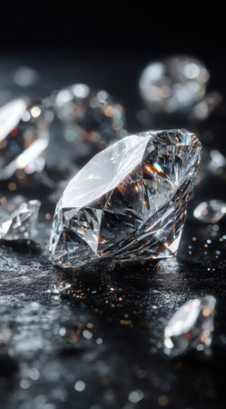 This image showcases several diamonds on a dark, reflective surface. The composition highlights the brilliance of the gemstones, with sharp focus on the main diamond and soft focus on others. The lighting creates highlights and shadows that bring out the diamonds' facets. This could be used for editorial or commercial purposes.の素材