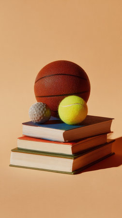A collection of books are stacked with a basketball, golf ball, and tennis ball placed on top. The composition features warm colors and soft lighting. The objects are set against a solid orange backdrop. Ideal for educational, sports-related, or conceptual commercial projects.の素材