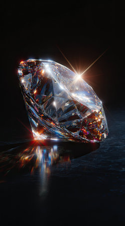 A brilliant diamond is displayed against a dark background. The faceted gem displays intricate light refraction, creating a dazzling visual effect. The composition showcases the object with high detail. Suitable for luxury or commercial material, this image could be used in various editorial contexts.の素材