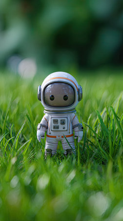 A toy astronaut stands in green grass outdoors. The image features a shallow depth of field, highlighting the figure against the soft-focus background. The lighting appears natural, and the composition is simple. This image could be suitable for various commercial and editorial uses.の素材
