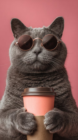 A gray cat, sporting sunglasses, clutches a coffee cup with both paws. The animal is centered against a soft pink backdrop. The lighting is even, highlighting the cat's fur and the cup's texture. This image could be used for advertising, marketing, or artistic projects.の素材