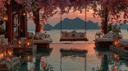 A serene outdoor scene features a swing suspended over water, framed by lush floral decor and soft lighting. The composition showcases a sunset's warm hues reflected in the water, and the setting suggests relaxation. Suitable for lifestyle and travel content, the image can be used for various promotional materials.の素材