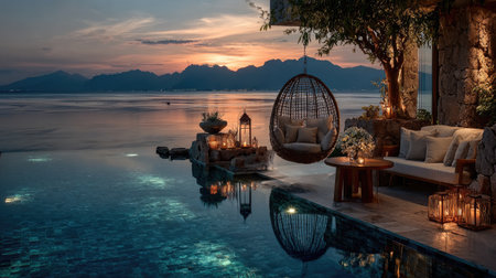 An eye-level shot depicts a serene lakeside setting at dusk. It features a hanging chair, lounge area, and ornamental lighting. The water reflects the sky's warm hues, while the composition showcases a natural outdoor environment. Suitable for various editorial and commercial projects.の素材