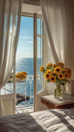 A vibrant image features a bouquet of sunflowers in a vase beside an open window. Light streams through the window, illuminating the flowers and the room's interior. The view includes the ocean and the sky. This scene could be used for interior design, or editorial purposes.の素材