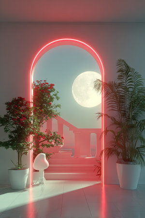 An archway, illuminated with a neon glow, frames a bright full moon against a soft sky. Stairs lead to the opening, flanked by potted plants. The composition, with its muted colors and surreal qualities, provides a serene ambiance suitable for various editorial and commercial projects.の素材