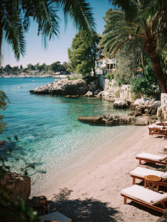 This image depicts a serene coastal scene with clear turquoise water, a sandy beach, and lush green palm trees. The composition features natural light, creating a bright and inviting atmosphere. The photograph could be used for travel, tourism, or lifestyle content, suggesting relaxation and vacation possibilities.の素材