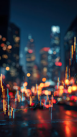 A stylized digital rendering showcases a stock market graph overlaid on a blurred cityscape. The image employs vibrant colors, with a focus on orange and blue tones. Soft lighting and bokeh effects enhance the aesthetic, potentially suitable for editorial or commercial content related to finance.の素材