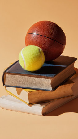 A still life presents a basketball and a tennis ball resting upon a stack of books. The composition showcases an orange basketball and yellow tennis ball, set against a neutral-toned background. The lighting is even and diffused, highlighting the textures. This image is appropriate for various commercial and editorial applications.の素材