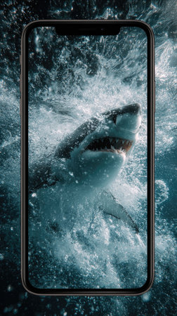 A smartphone displays an image of a great white shark underwater. The composition showcases dynamic water movement and the shark's powerful form. The image presents cool blue tones, emphasizing the aquatic environment. Ideal for use in marketing, educational materials, or digital art projects.の素材