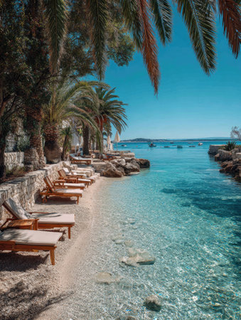 A serene beach scene showcases clear turquoise water meeting a sandy shore. Palm trees and wooden lounge chairs line the coast, beneath a clear blue sky. This composition may be suitable for commercial use, representing relaxation, travel, or vacation themes.の素材