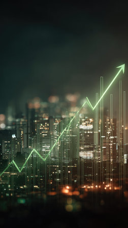 An illuminated green line charts upward over a blurred cityscape at night. The image uses a shallow depth of field, highlighting the growth trajectory. The composition uses contrasting dark and light tones. This conceptual illustration could be useful for articles and presentations about market trends.の素材