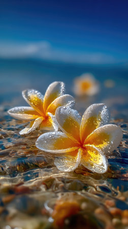 Two plumeria flowers, with white and yellow petals, rest on a wet surface. Small water droplets glisten on the flowers. The composition is set against a blurred background with shades of blue and brown, suggesting an outdoor environment. This image could be used for various commercial purposes, including floral or nature themes.の素材