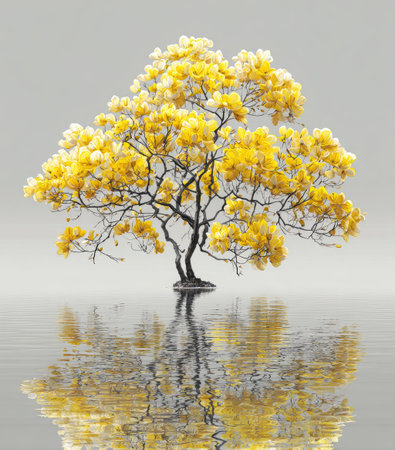 A tree with abundant yellow blossoms is captured, reflecting on a calm body of water. The image displays a strong symmetry and contrast between the tree's dark trunk and the bright foliage against a neutral background. This composition is suitable for various creative projects, including editorial content and marketing materials.の素材