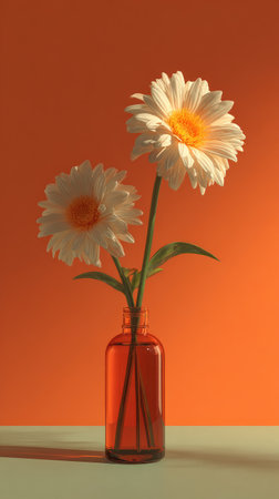 This image showcases two white daisy flowers in a small glass vase, set against a solid orange backdrop. The composition features a clean, simple style with a focus on the flowers' delicate petals and the warm lighting. Suitable for various commercial uses, this image offers a fresh and inviting visual appeal.の素材