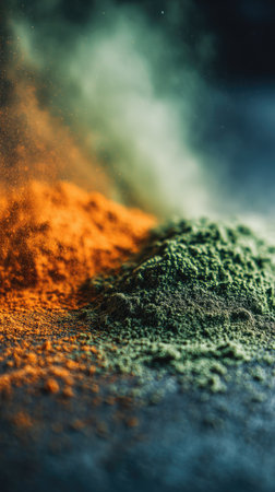 This image features two mounds of colored powder, orange and green, against a dark background. Smoke-like texture partially obscures the top. The composition uses a shallow depth of field. Suitable for advertising, design projects, or visual content needing a dynamic, colorful element.の素材