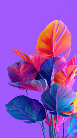 The image features colorful plant leaves arranged against a solid purple backdrop. The leaves display a gradient of colors including orange, pink, blue, and yellow. The composition showcases a close-up view of the leaves, and it may be suitable for various design projects, editorial content, or commercial applications.の素材