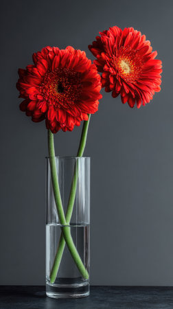 Two bright red gerbera daisies stand in a transparent glass vase with water. The composition, featuring green stems, contrasts against a muted grey background. This studio shot highlights the flowers' texture and color. Suitable for various commercial applications including decorative design and print media.の素材