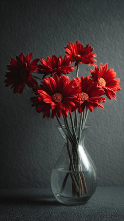 A bouquet of brilliant red flowers is displayed in a transparent glass vase, set against a somber dark background. The composition features an overhead view, highlighting the textures and intricate details of the blossoms. This image may be suitable for various uses, including decorative purposes and editorial content.の素材