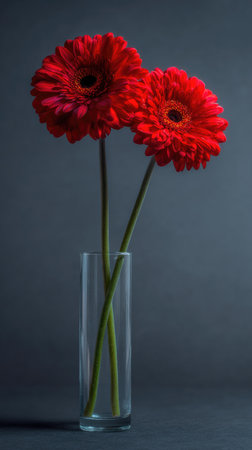 Two red gerbera daisies, with dark centers, are displayed in a clear glass vase against a subdued gray backdrop. The composition is simple, emphasizing the flowers' vivid color and texture. The lighting is soft, creating shadows. Suitable for various commercial and editorial applications.の素材