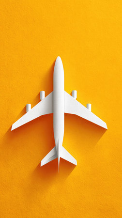 A white airplane model is centered against a bright orange background, creating a high-angle view. The image showcases simple lines and a smooth texture. The lighting suggests a controlled studio environment, and the composition offers copy space. It is suitable for commercial applications related to air travel or transportation.の素材