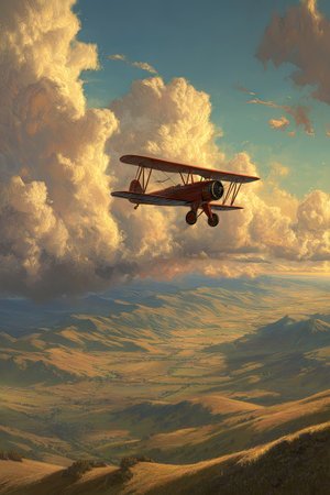 A classic biplane soars through a cloudy sky above a vast mountain landscape. The image displays warm colors, likely captured during daylight, with soft textures suggesting a painted or digitally rendered style. This composition could be utilized for various commercial and editorial purposes.の素材