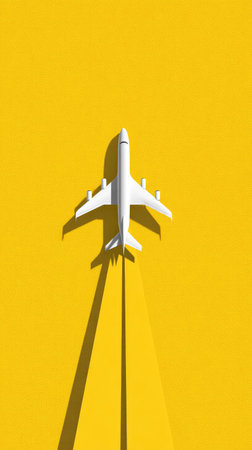 A white toy airplane is positioned on a bright yellow surface, casting a long shadow below. The composition features a top-down perspective, emphasizing the plane's form. The image displays clean lines and a minimalist style, suggesting a sunny, outdoor setting. Potential uses include travel or transportation themes.の素材