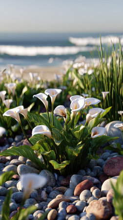 A cluster of white calla lilies blossoms on a pebbled shore, with emerald green leaves and stalks. The composition features a blurred ocean backdrop under a clear sky, creating a soft, naturalistic scene. This image could be suitable for a variety of editorial or commercial applications.の素材
