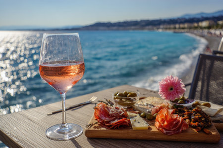 A crystal wine glass filled with pink liquid stands before a spread of food on a wooden board. Appetizers include meats and cheeses. The composition is set on a table near the ocean with a blurred background of water and a bright sky. Suitable for culinary, travel, or lifestyle content.の素材