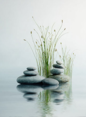 Stacked gray stones are the primary focus with green grass against a light backdrop. The stones and grass are reflected in a watery surface. This image features a minimalist design and evokes a sense of tranquility. Suitable for various editorial and commercial applications.の素材